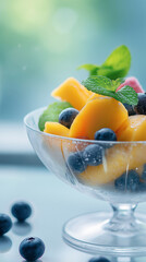 Mango and blueberry ice cream dessert. A glass dish filled with creamy mango ice cream, fresh mango slices, frozen blueberries, and mint leaves, creating a refreshing and colorful treat.