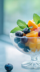 Mango and blueberry ice cream dessert. A glass dish filled with creamy mango ice cream, fresh mango slices, frozen blueberries, and mint leaves, creating a refreshing and colorful treat.