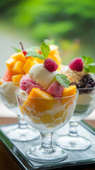 Tropical fruit and ice cream parfait. A glass filled with creamy vanilla and raspberry ice cream, fresh mango chunks, and garnished with a raspberry and mint leaves, creating a refreshing and colorful