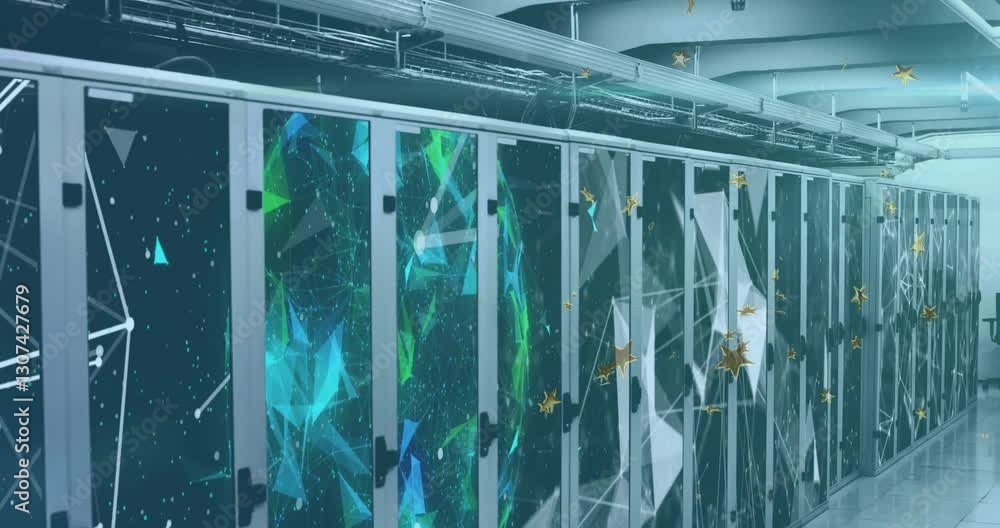 Poster data center servers with digital network animation over geometric patterns and stars