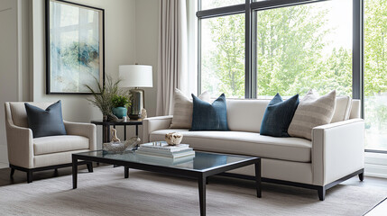 Modern Minimalist Living Room. A bright and elegant living space featuring a neutral color palette with deep blue accents. The room is furnished with a sleek white sofa, a matching armchair, and a sty