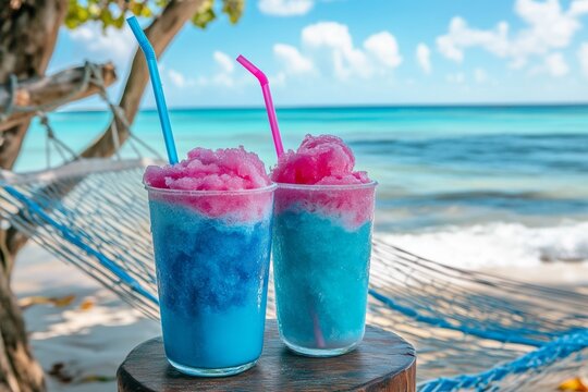 Refreshing blue and pink shaved ice drinks by the ocean