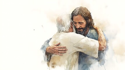 Watercolor painting of Jesus hugging an elderly man, full-body shot, white background, soft color blending, detailed brush strokes, serene atmosphere, soft lighting, neutral colors.