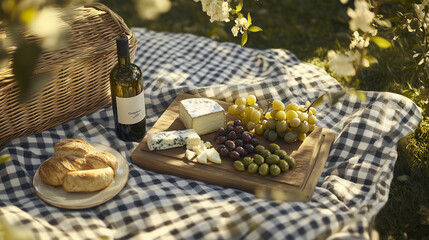 A charming outdoor setting with a checkered blanket, featuring fresh bread, creamy cheese, green olives, and a bottle of white wine. A woven picnic basket with a soft plaid 