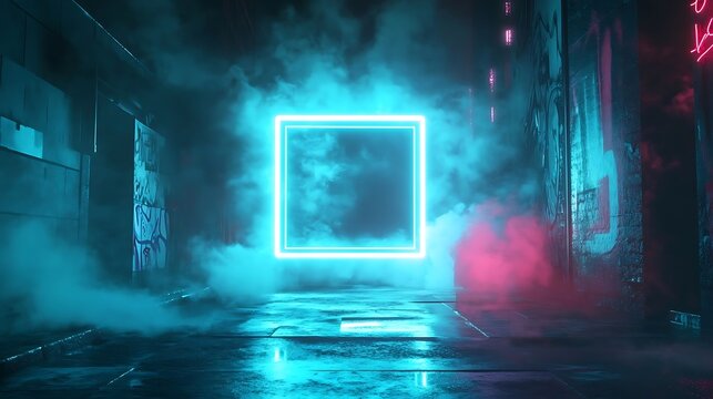 3D render of a glowing blue neon square frame in the center, with a smoky background featuring a dark city street, graffiti wall, and an empty virtual space for design.. - Powered by Adobe