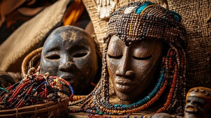 Traditional African masks and jewelry.