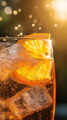 Refreshing citrus cocktail with bubbles. A close-up of a sparkling orange drink with a slice of fresh citrus, capturing the effervescence of tiny bubbles rising to the surface, illuminated by warm sun
