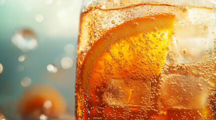 Vibrant Aperol Spritz close-up. A refreshing cocktail with sparkling bubbles rising around a juicy orange slice and ice cubes, capturing the essence of summer in a chilled glass.