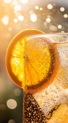 Vibrant Aperol Spritz close-up. A refreshing cocktail with sparkling bubbles rising around a juicy orange slice and ice cubes, capturing the essence of summer in a chilled glass.