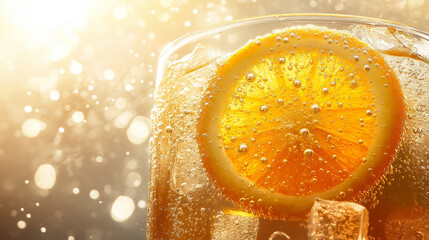 Vibrant Aperol Spritz close-up. A refreshing cocktail with sparkling bubbles rising around a juicy orange slice and ice cubes, capturing the essence of summer in a chilled glass.