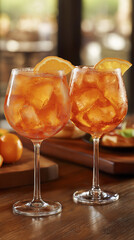 Elegant Aperol Spritz Duo. Two glasses filled with a vibrant Aperol Spritz, garnished with fresh orange slices and mint leaves, set against a cozy, softly lit background. A perfect drink for a refresh