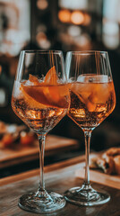 Elegant Aperol Spritz Duo. Two glasses filled with a vibrant Aperol Spritz, garnished with fresh orange slices and mint leaves, set against a cozy, softly lit background. A perfect drink for a refresh