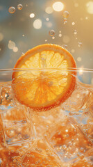 Vibrant Aperol Spritz close-up. A refreshing cocktail with sparkling bubbles rising around a juicy orange slice and ice cubes, capturing the essence of summer in a chilled glass.