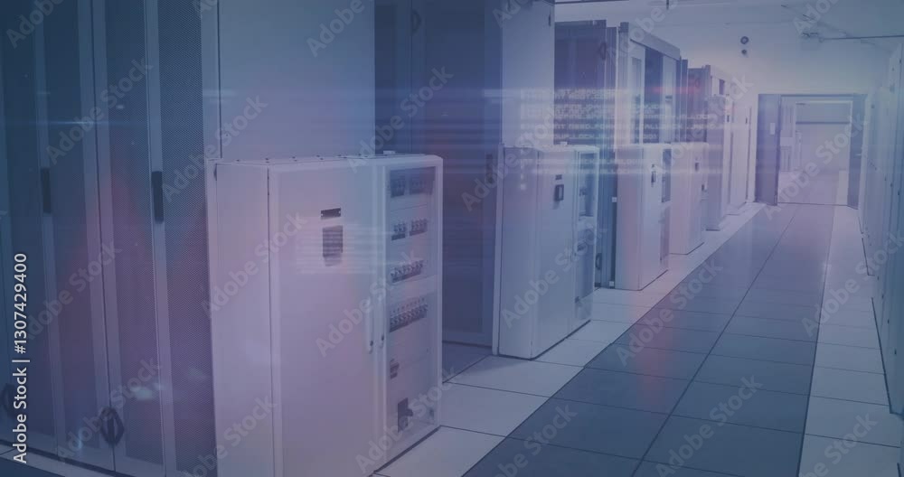 Poster data servers in modern facility with digital data processing animation overlay