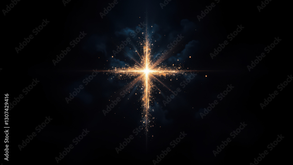 Poster flames and sparkles creating a cross shape against a dark background.