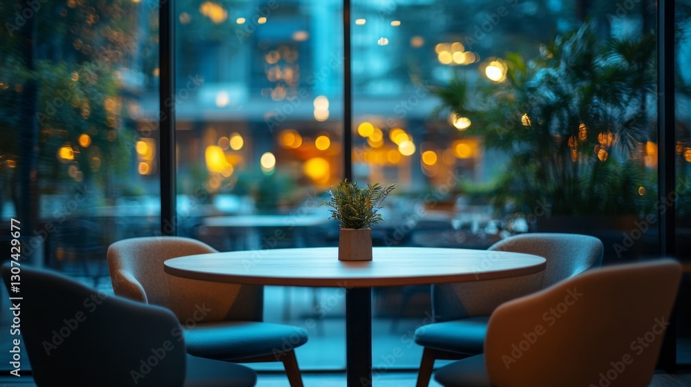 Poster Soft evening light filters through glass, illuminating an empty restaurant. A round table with a small plant centerpiece invites warmth and tranquility, embracing the quiet atmosphere