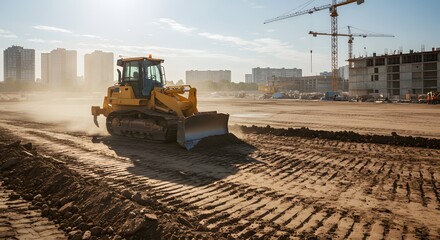 A bulldozer leveling ground on a large construction site. Construction Equipment and Machinery