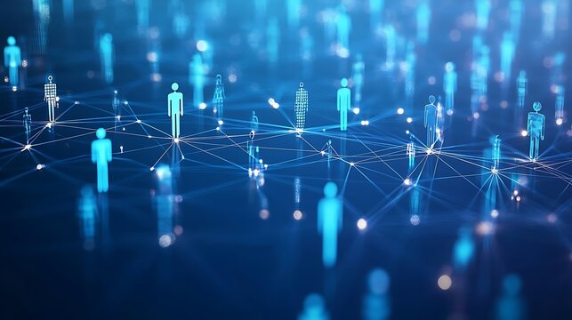 Abstract digital network with people icons on a blue background, hyper-realistic fine art oil paintings, tattoo style, high-resolution, detailed, painterly, professional color grading.