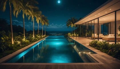 Fototapeta premium Luxury Villa with Infinity Pool Under Moonlight at Night Scenery