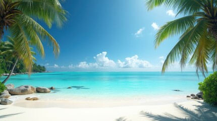 Tropical beach with white sand, turquoise water, and palm trees, creating a peaceful and sunny beach scene under clear skies.