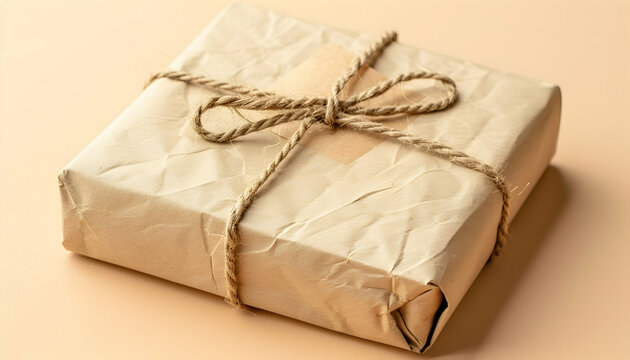 Rustic Brown Paper Wrapped Gift Package with Beige Background