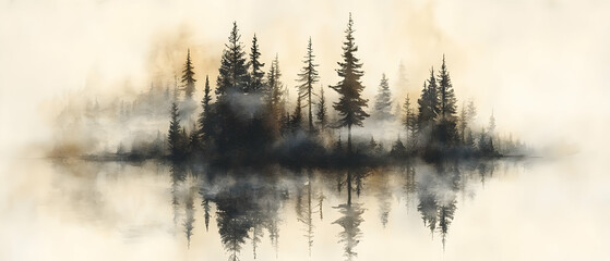 Fototapeta premium Misty forest lake reflection, calm scene