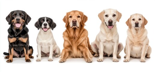 Five Dogs Sitting Against White Background Studio Shot