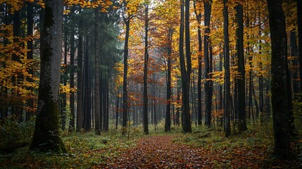 Golden leaves adorn tall trees in a dense autumn forest scene