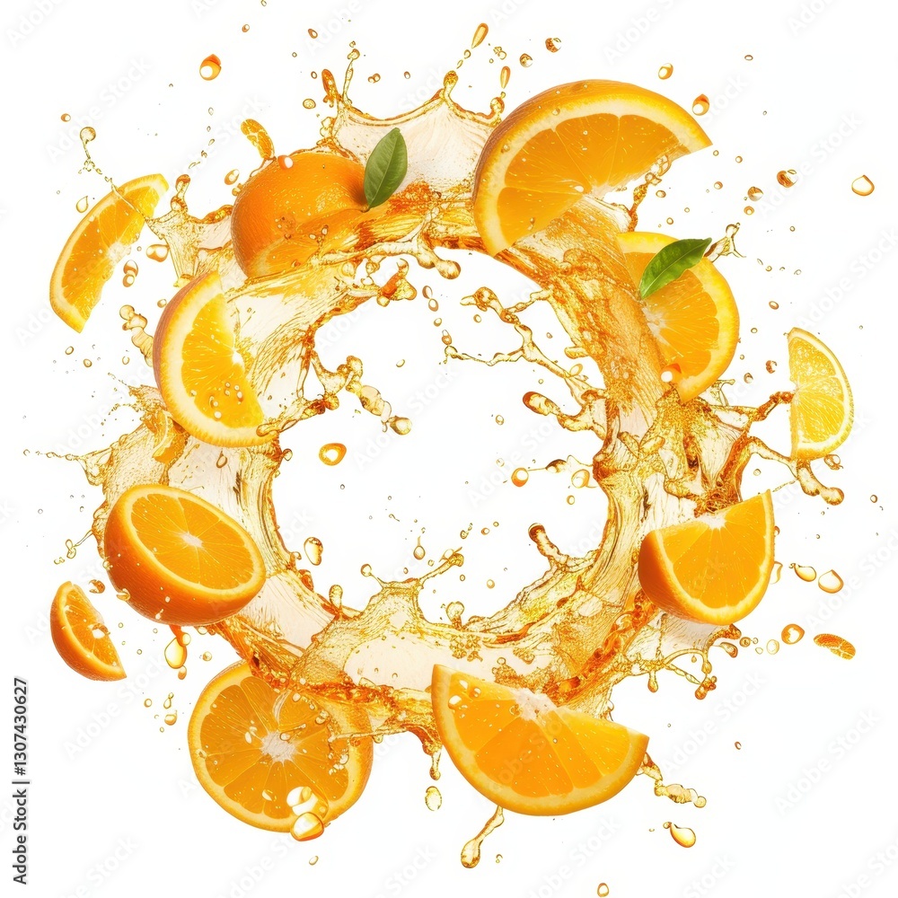 Poster vibrant circular splash of fresh orange juice with slices and zest in a dynamic arrangement