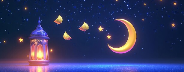 Fototapeta premium Arabic Geometric Stars Lantern and Crescent on Neon Background