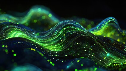Abstract background with green and blue glowing waves of digital particles.