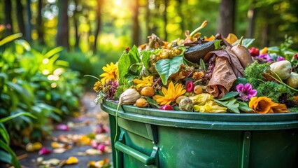 Organic waste decomposing in a park rubbish bin amidst lush greenery and vibrant flowers