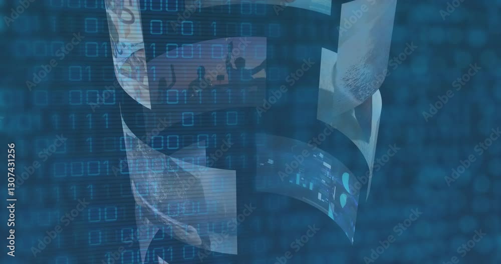 Poster animation of binary code and digital images creating abstract technology concept