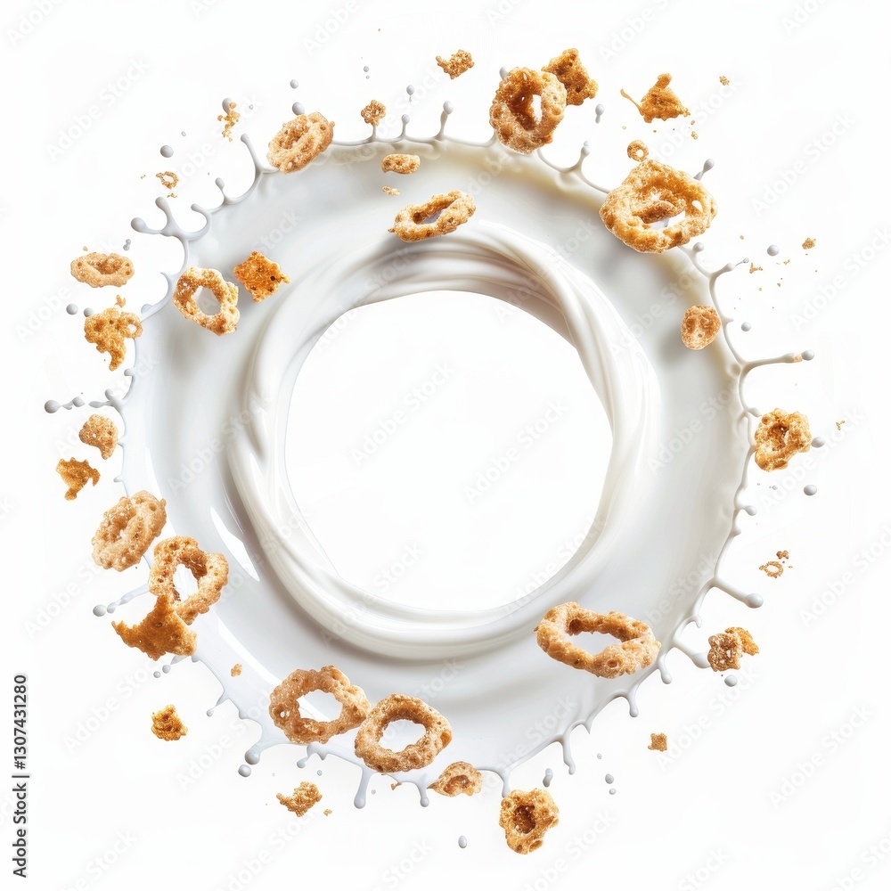 Poster circular milk splash with swirling cream and cereal in a dynamic splatter design