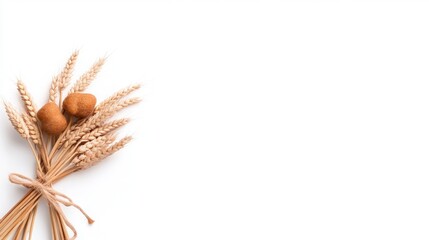 Golden Wheat Sheaf and Brown Grains on White Background