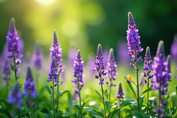 Obraz premium Purple flowers swaying gently in the breeze amidst lush greenery, colorful, blooming, nature