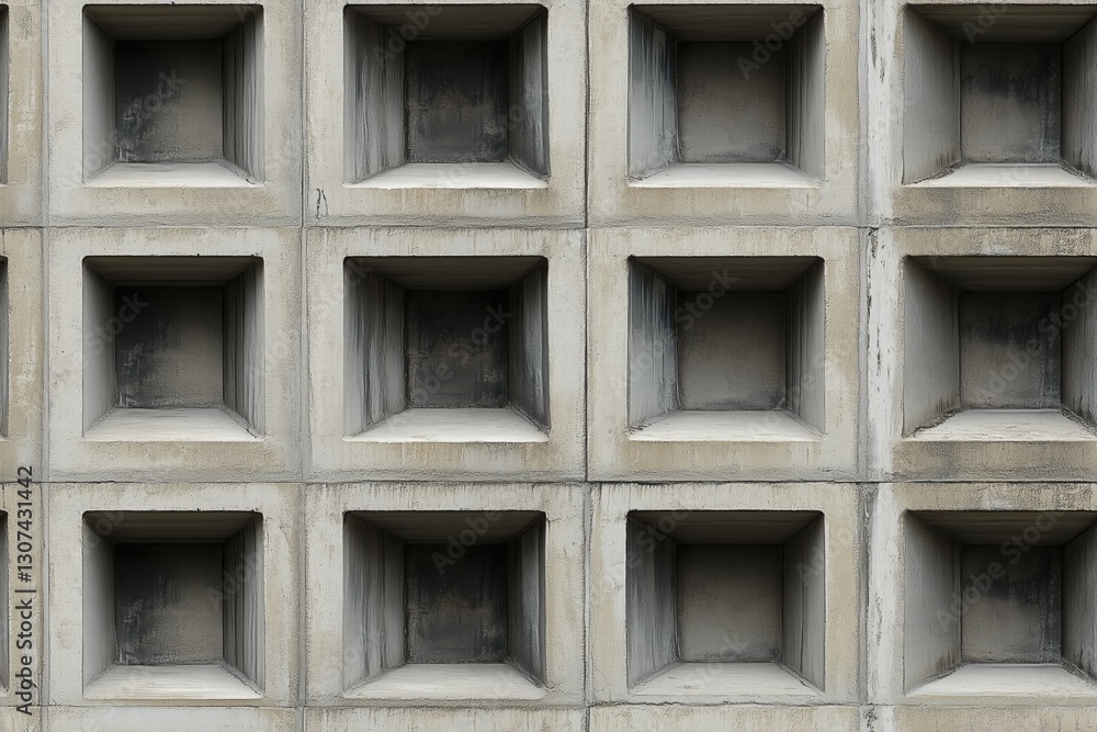 Poster seamless textured concrete wall featuring a grid of recessed square shapes, creating a modern archit
