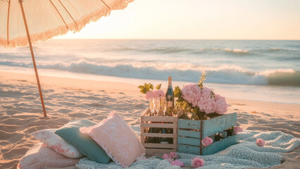 Romantic beach picnic with champagne, flowers, and cozy pastel fabrics