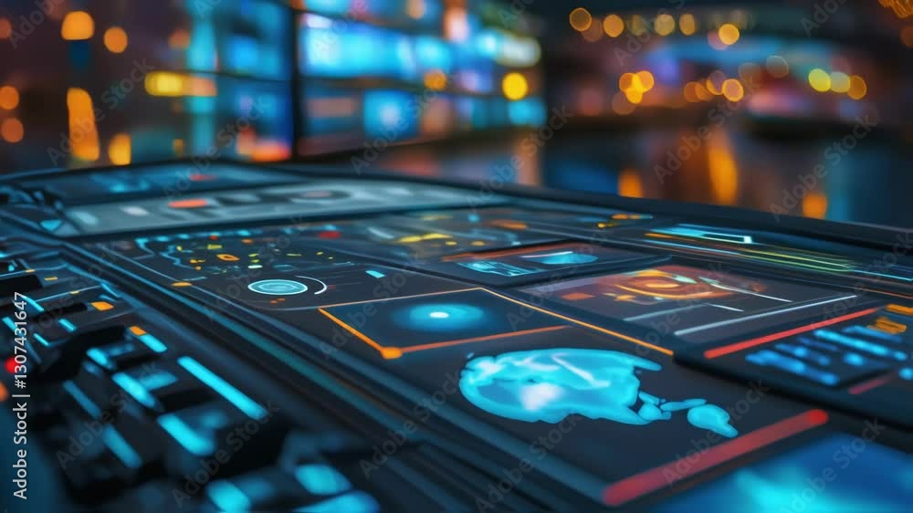 Poster futuristic control panel visualizing complex global network data streams with blurred background lig