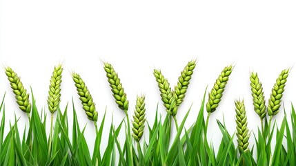 Green Wheat Stalks and Grass on White Background