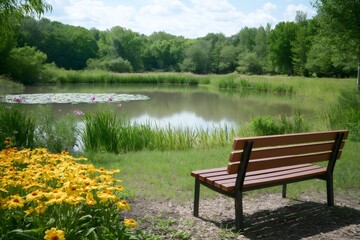 Fototapeta premium Wooden bench inviting to relax by the pond with water lilies and yellow flowers in a peaceful park