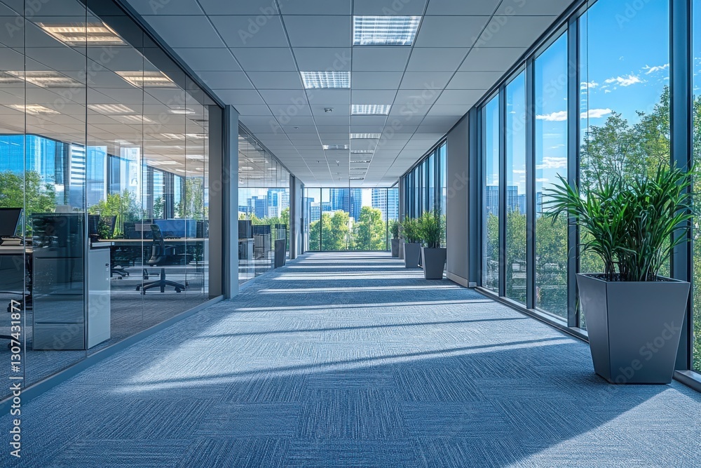 Poster sunlit office hallway with greenery modern architecture and a view of the cityscape creating a brigh