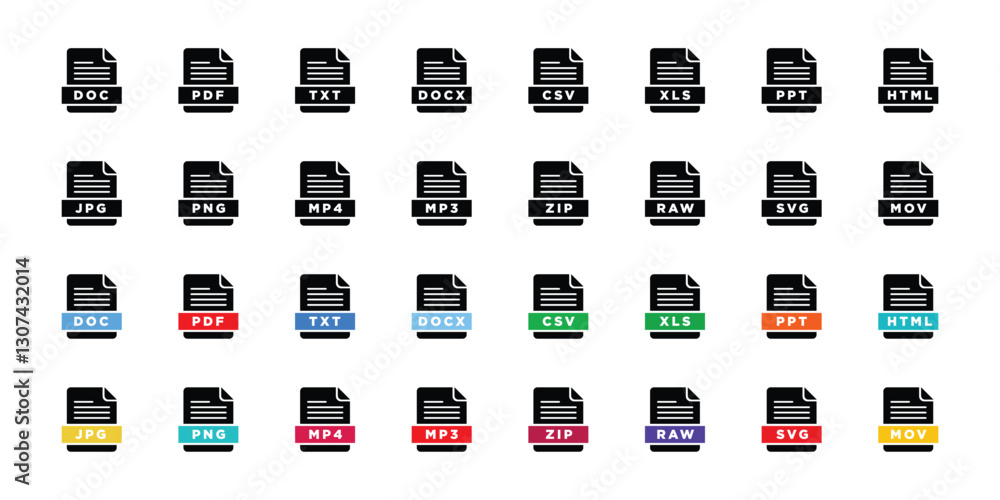 Poster file type icon set. popular files format and document. format and extension of documents. set of gra