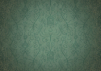 Hand-drawn abstract ornament. Dark green on light cold green background, with vignette of darker background color and splatters of golden glitter. Paper texture. A4. (pattern: p13-1b)