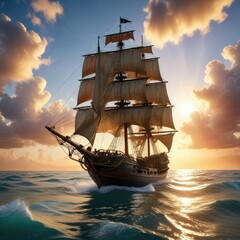 Fototapeta premium Un gran barco pirata a punto de pasear por el agua tranquila mientras el sol se oculta detr?s de las nubes, clouds, sky, ocean