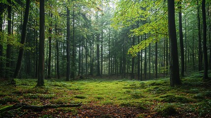 Obraz premium A tranquil forest scene displaying numerous tall trees with foliage