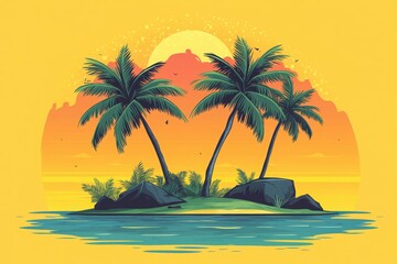 Tropical island getaway with palm trees swaying under a warm sunset serene ocean view