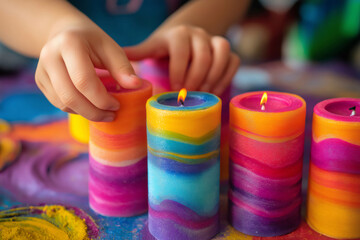 Child engages in creative play, making vibrant layered sand candles. The scene is filled with bright colors and a sense of artistic exploration