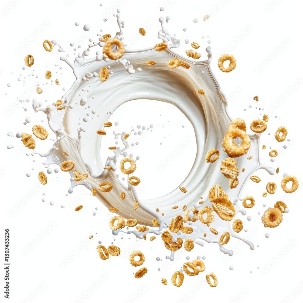Poster stunning circular splash of milk with floating cereal in dynamic swirl design