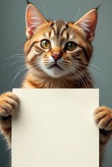 Charming Cat with Empty Poster – Isolated on Background